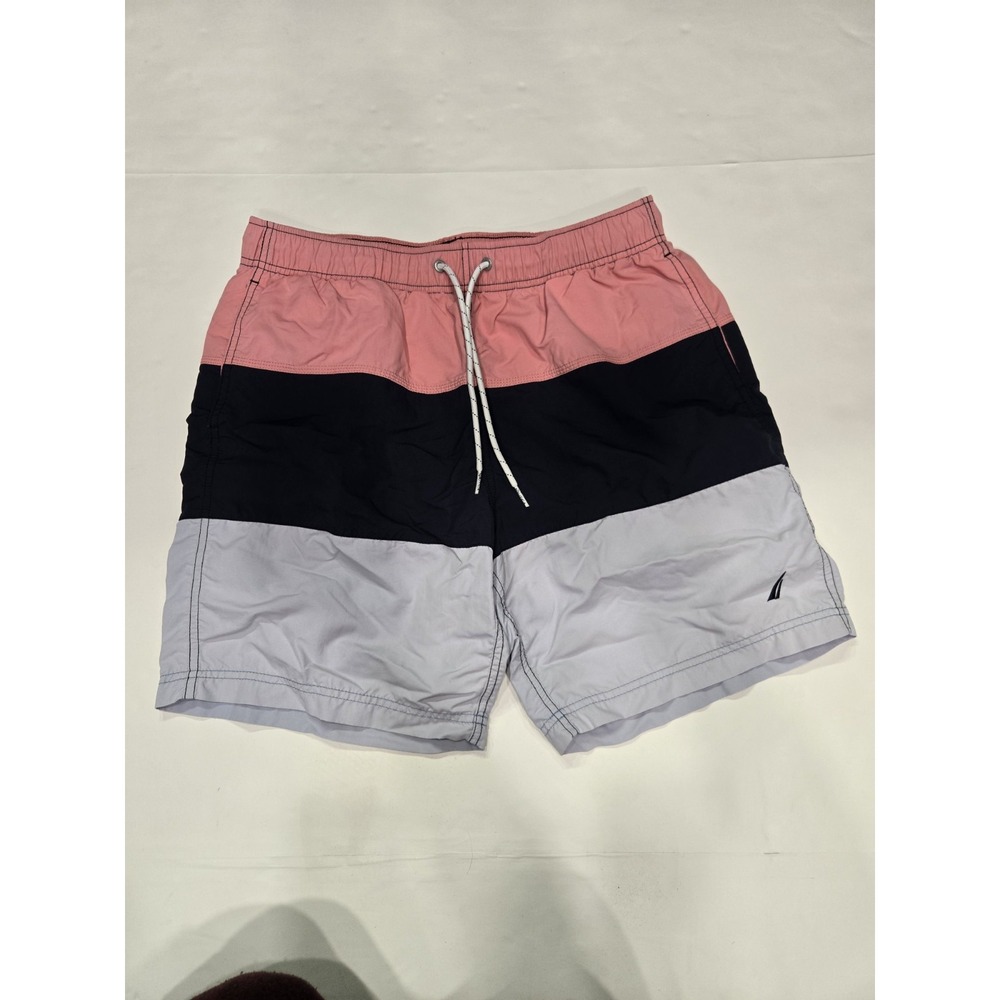 Nautica Men's Swim‎ Trunks Medium Green Navy Colorblock Drawstring Lined